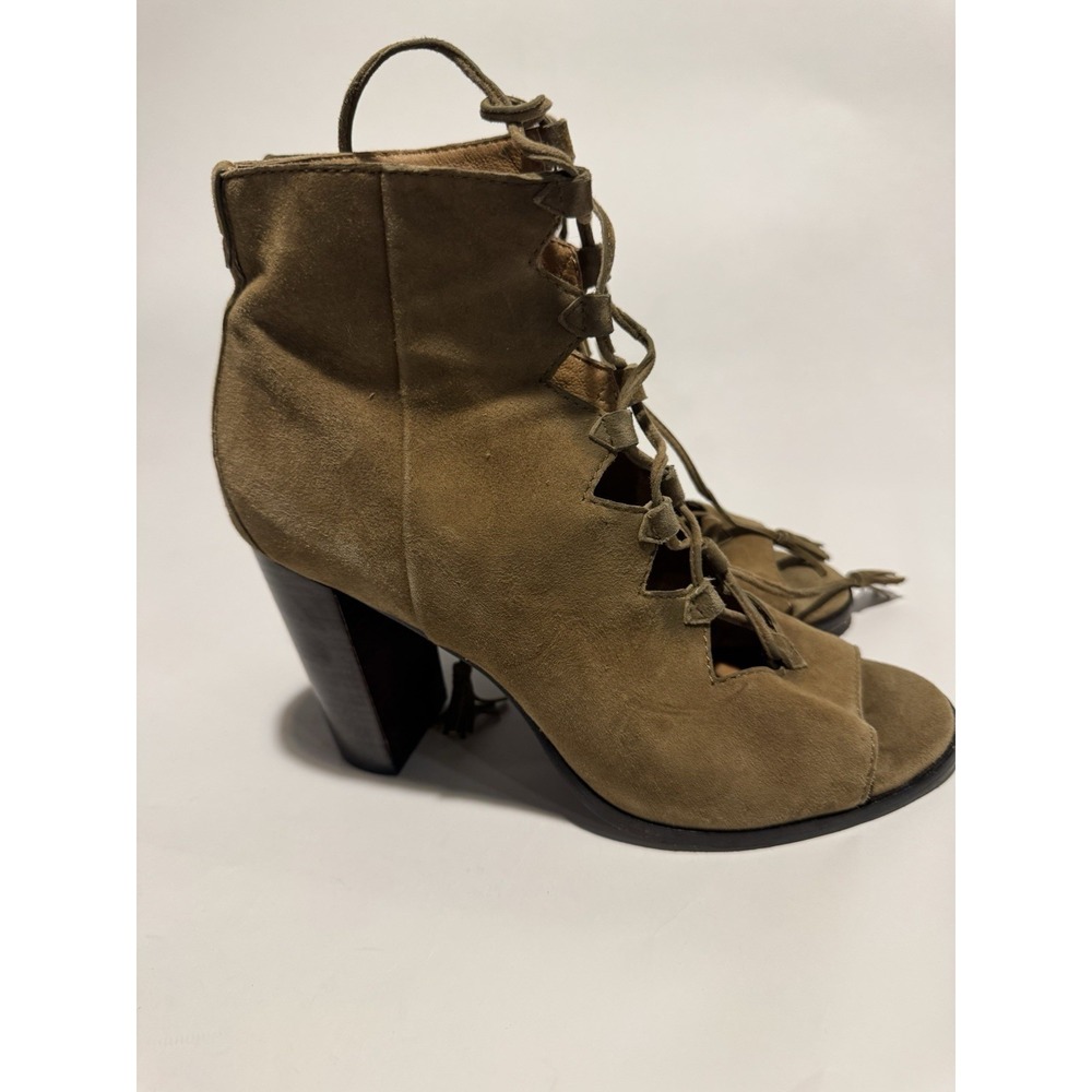 Frye Gabby Ghillie Tan Suede Lace Up High Heel Peep Toe Sandal Women's Size 8.5